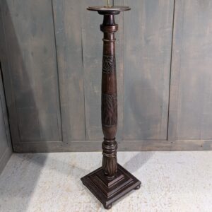 Vintage Dark Oak Paschal Candlestand with Foliate Designs & Brass Pricket (SOLD)