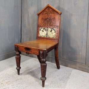 Very Decorative & Unusual Antique Oak Carved Hall Ex-Clergy Chair with Inset Minton Tiles (SOLD)