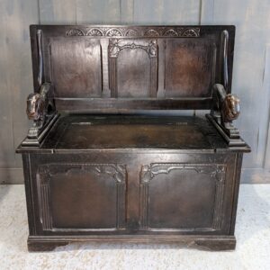 Vintage Dark Oak 'Priory' Style Monks Bench With Lion Arm Rests (SOLD)