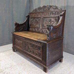 Antique Quality Carved Jacobean Style Monks Bench with Griffin Arms (SOLD)