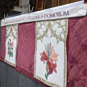 Modern Lady Chapel Rose Silk Damask with Embroidered Panels Altar Frontal with Superfrontal (SOLD)