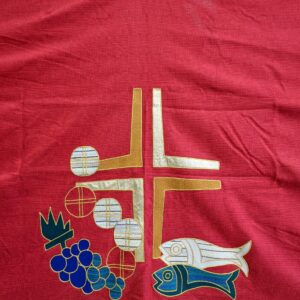 Extra Large Modern Army Church Scarlet Altar Cloth Frontal with Cross, Loaves & Fishes (SOLD)
