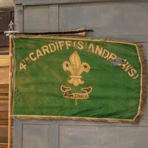 1920's Vintage Green Silk Marching Cardiff Wales Scout Flag with Pole (SOLD)