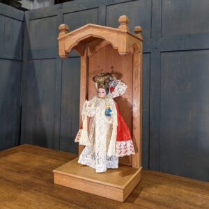 Antique Crowned Child of Prague Statue with Glass Eyes & Various Vestments in Oak Niche Display Stand (SOLD)