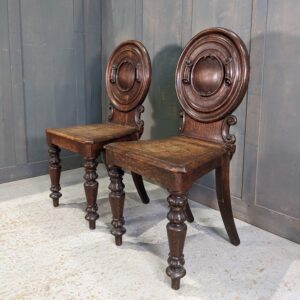 Pair of Unusual Antique Carved Oak Round Shield Hall/Server Chairs (SOLD)