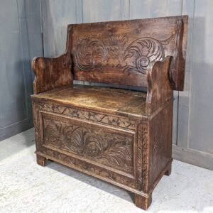 Smaller Size Carved Vintage Oak Monks Bench with Foliate Designs (SOLD)