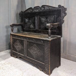 Early 20th Century 17th Century Style Dark Oak Carved Monks Bench (SOLD)