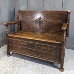 Larger than Average Strong & Heavy Vintage Oak Monks Bench with Carved Lozenge Back (SOLD)