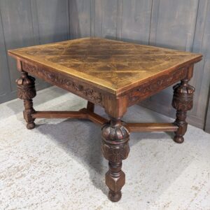 Very Attractive Carved Vintage Oak Draw Leaf Refectory Table with Solid Parquet Top (SOLD)
