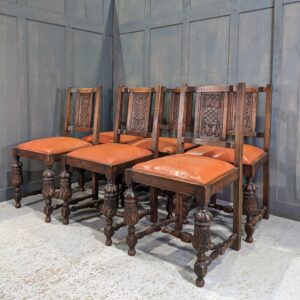 Set of 6 Carved Oak 1920's Period Dining Chairs Reupholstered in Rich Orange Leather (SOLD)