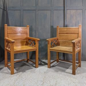 Mid Century Vintage Oak Ministers Clergy Chairs with Carved Details (SOLD)