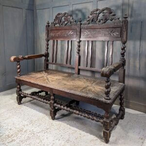 Elaborately Carved Oak Antique Large Settle Bench Seat with Barley Twist Supports (SOLD)