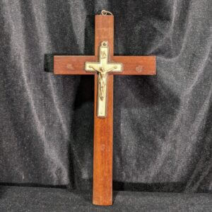 Small French Teak Wall Crucifix with Metal & Celluloid Cross (SOLD)