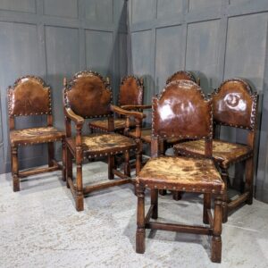 Vintage Old Oak & Leather Upholstered Baronial Style Chairs (SOLD)