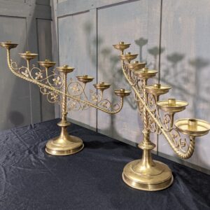 Pair of Ornate Brass Seven Branch Belgian Benediction Church Candlesticks Candelabra (SOLD)