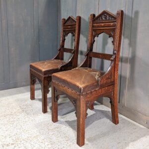 Late Gothic Vintage Oak Pair of Leather Upholstered Clergy Chairs (SOLD)