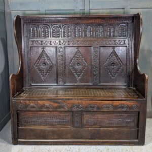 High Back Oak Grand Monks Bench Box Settle with 17th Century Elements (SOLD)