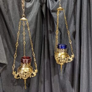 Red & Blue Glass & Brass Sanctuary Vigil Votive Hanging Lamps (SOLD)