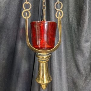 Small but Heavy Antique Brass Pendulum Sanctuary Vigil Votive Lamp with Red Glass (SOLD)