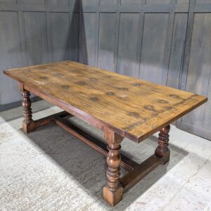 Heavy Solid Oak Plank Top Refectory Table with Stud Work and Baluster Legs (SOLD)