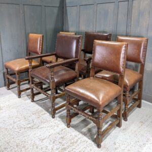 Harlequin Set of Six Large Oak Leather & Leatherette Baronial Style Dining Chairs (SOLD)