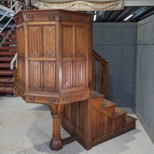High Quality 1920's Vintage Oak Carved Linenfold Pulpit with Stairs (SOLD)