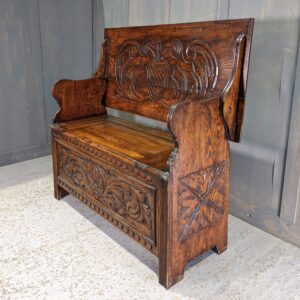 Classic Mid Size Solid Oak Carved Monks Bench with Foliate Designs (SOLD)