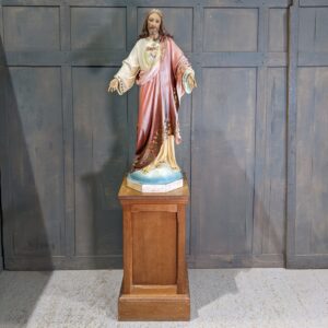Vintage Spanish Sacred Heart of Jesus Large Religious Satue with Oak Stand (SOLD)