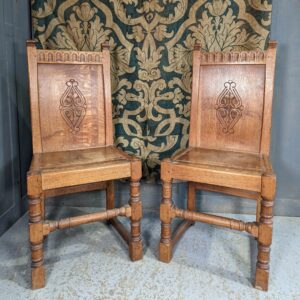 Two Vintage 17th Century Style Low Church Carved Oak Ministers Chairs (SOLD)