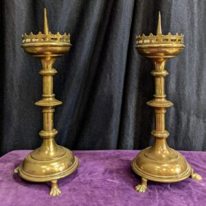Antique Pair of Brass Ecclesiastical Gothic Claw Footed Pricket Candle Holders (SOLD)