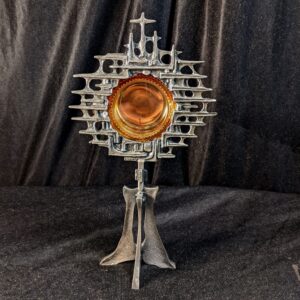 Mid 1960's Vintage High Post Modern Church Style Pewter & Gilt Monstrance with Lunette (SOLD)