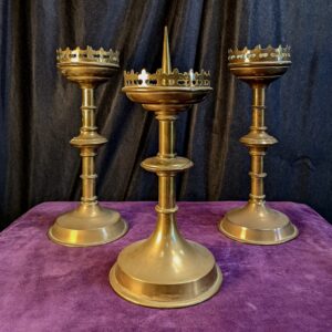 Three Antique Brass Pricket Gothic Church Candle Sticks Holders (SOLD)