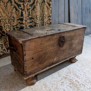 18th Century Oak Iberian Hunting Lodge Chest Coffer with Iron Work & Key [SOLD]