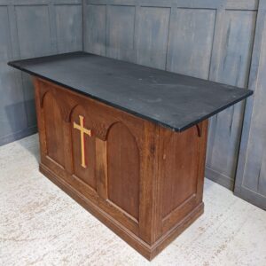 Antique Heavy Slate Top Oak Arched Altar with Gold Cross in Centre (SOLD)