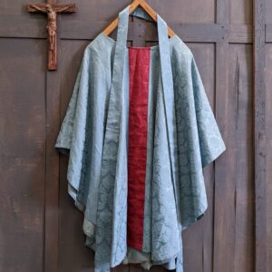 Vintage Pale Blue Damask Chasuble with Large Red Silk Orphrey & Matching Stole (SOLD)
