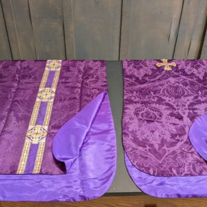 Two Contemporary Purple Damask Server's Tunics with Gold Cross & Gold Orphrey (SOLD)