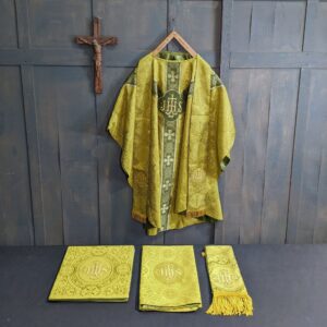 Beautiful Olive & Gold Damask Chasuble with Matching Maniple, Chalice Veil & Burse (SOLD)