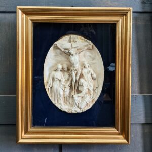 Antique French Plaster Relief of Crucifixion on Navy Background with Thick Gold Frame (SOLD)