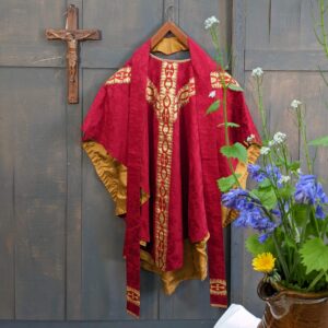 Red Damask 'Ormsby' Chasuble with Gold Y Orphrey & Bullion Cross Pattee with Stole (SOLD)