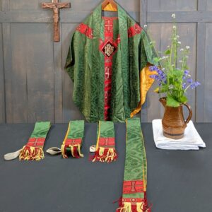Green Damask & Mustard Satin 'Vanpoules Ltd' Chasuble with Red Y Orphrey & IHS Bullion (SOLD)