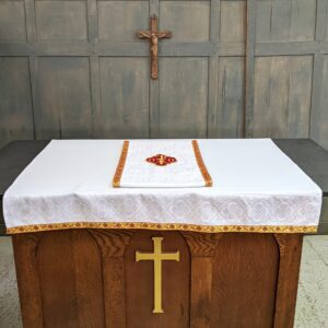 White Brocade Altar Cloth Frontal with Embroidered Chi Rho Alpha Omega Applique (SOLD)