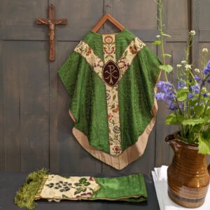 Gorgeous Green Damask Chasuble with Floral Y Orphrey & Maniple & Stole (SOLD)