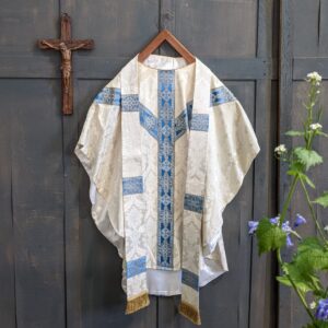 Cream Damask Vintage Chasuble with Sky Blue Y Orphrey & Stole (SOLD)
