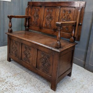 Vintage Carved Oak Tudor Style Monks Bench (SOLD)