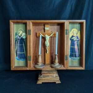 Vintage Travelling Oak Triptych Shrine with Crucifix Candlesticks & Angels (SOLD)