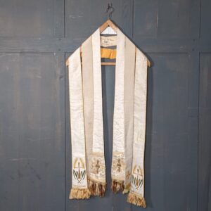 Three Vintage Cream Fringed Stoles with Embroidered Cross Designs in Gold (SOLD)