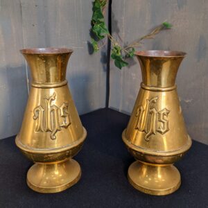 Pair of Boldly Designed 'IHS' Antique Brass Church Flower Vases (SOLD)