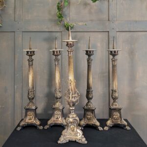 Large Antique French Church Altar Set of Four Pricket Candlesticks with Fifth Central Stick (SOLD)