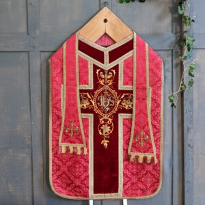 Stunning Antique Red & Gold French Chasuble with Heavy IHS Applique & Stole (SOLD)