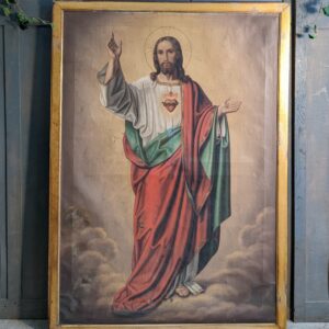Very Large Antique Sacred Heart Jesus in Heaven Oil Painting in Gold Frame (SOLD)